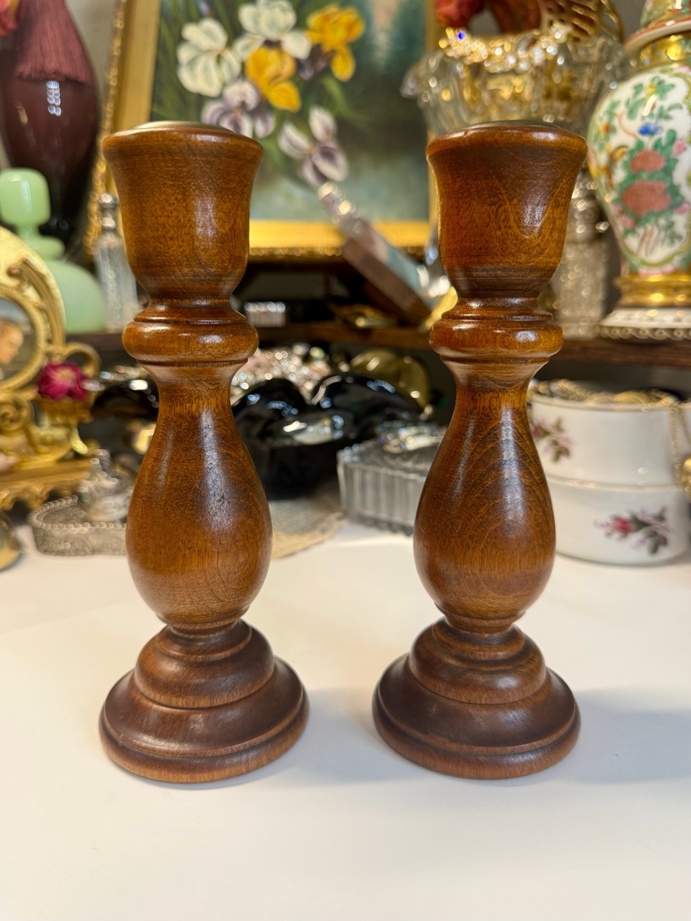 Vintage MCM Hand Turned Wood Taper Candlestick Holders Pair 7” Brass Inserts